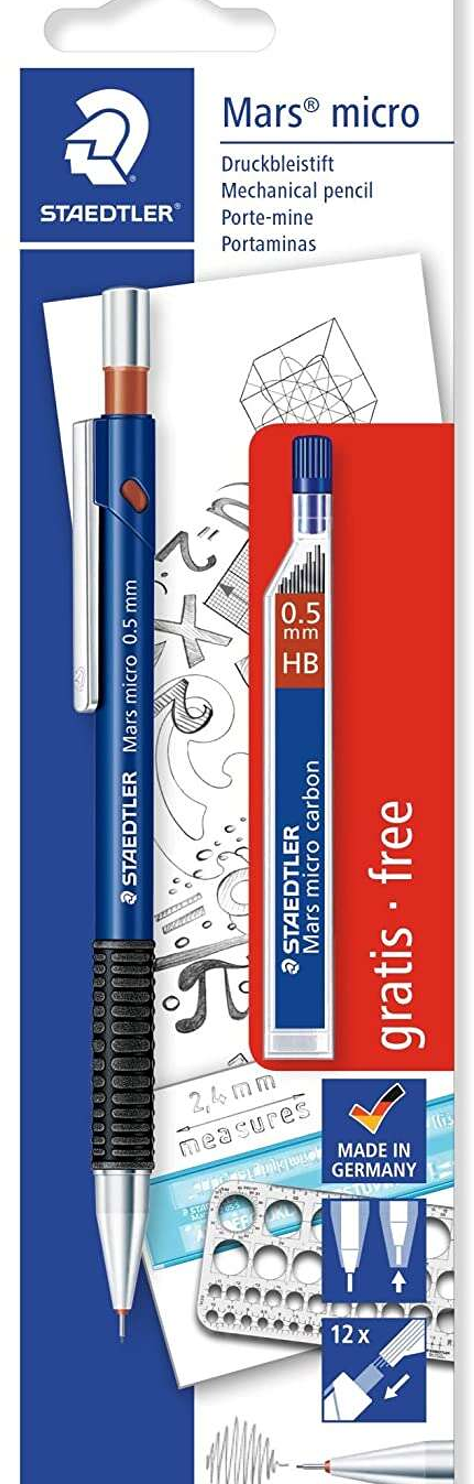 Staedtler Mars Micro Pack de 1 Portaminas 0.5mm + 1 Tubo de 12 Minas - Minas HB - Zona de Agarre de Goma 1