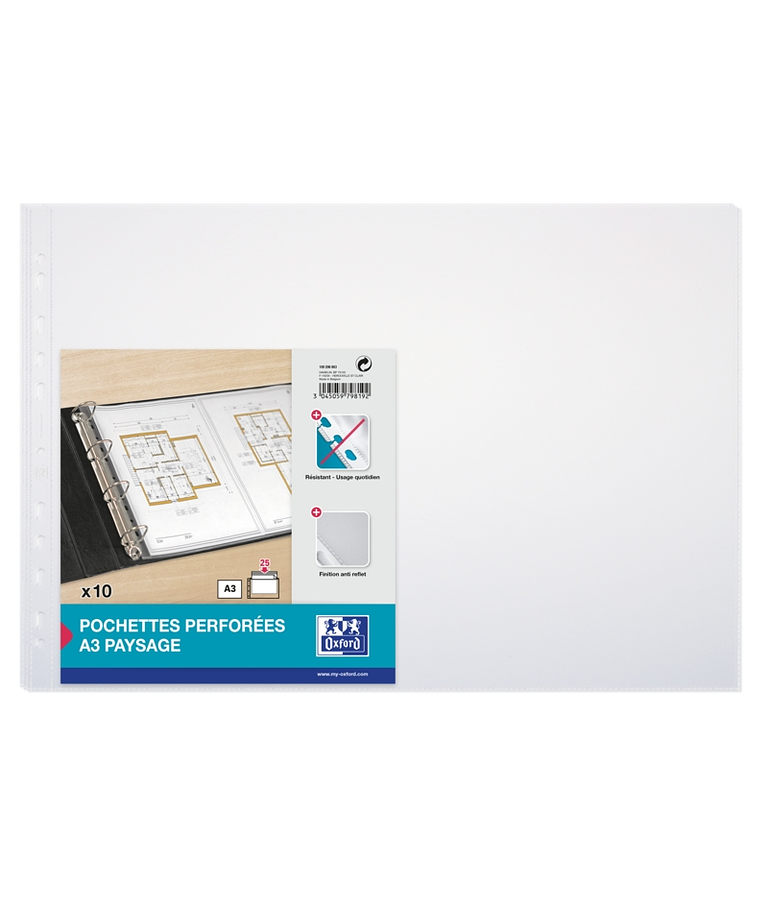 Oxford Pack de 10 Fundas Multitaladro A3 Apaisado 90 Micras - 11 Taladros - Polipropileno Estandar - Acabado Piel Naranja - Transparente