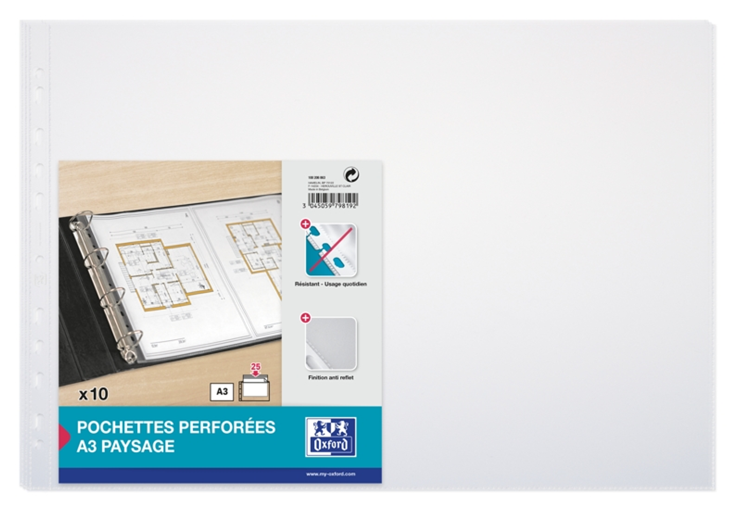 Oxford Pack de 10 Fundas Multitaladro A3 Apaisado 90 Micras - 11 Taladros - Polipropileno Estandar - Acabado Piel Naranja - Transparente 1
