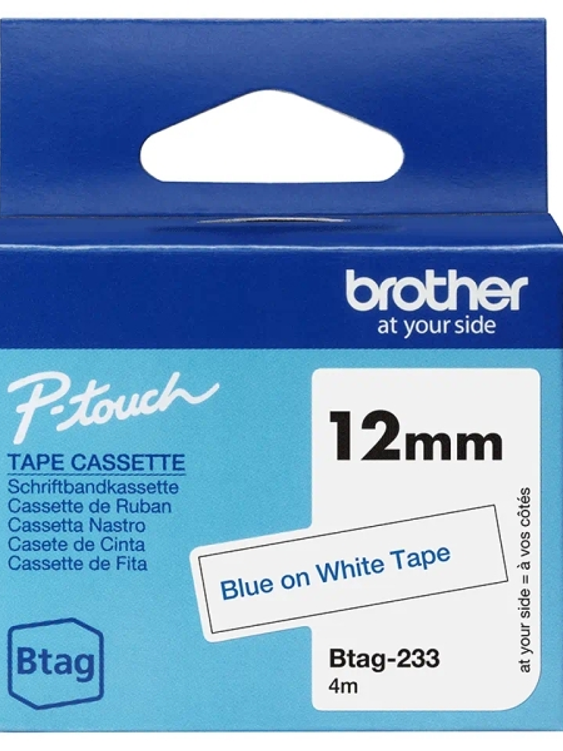 Brother Btag-233 Cinta 12mm - Texto Azul sobre Fondo Blanco - Medidas 12mmx4 Metros - Apta para PTN10, PTN20, PTN25BT 1