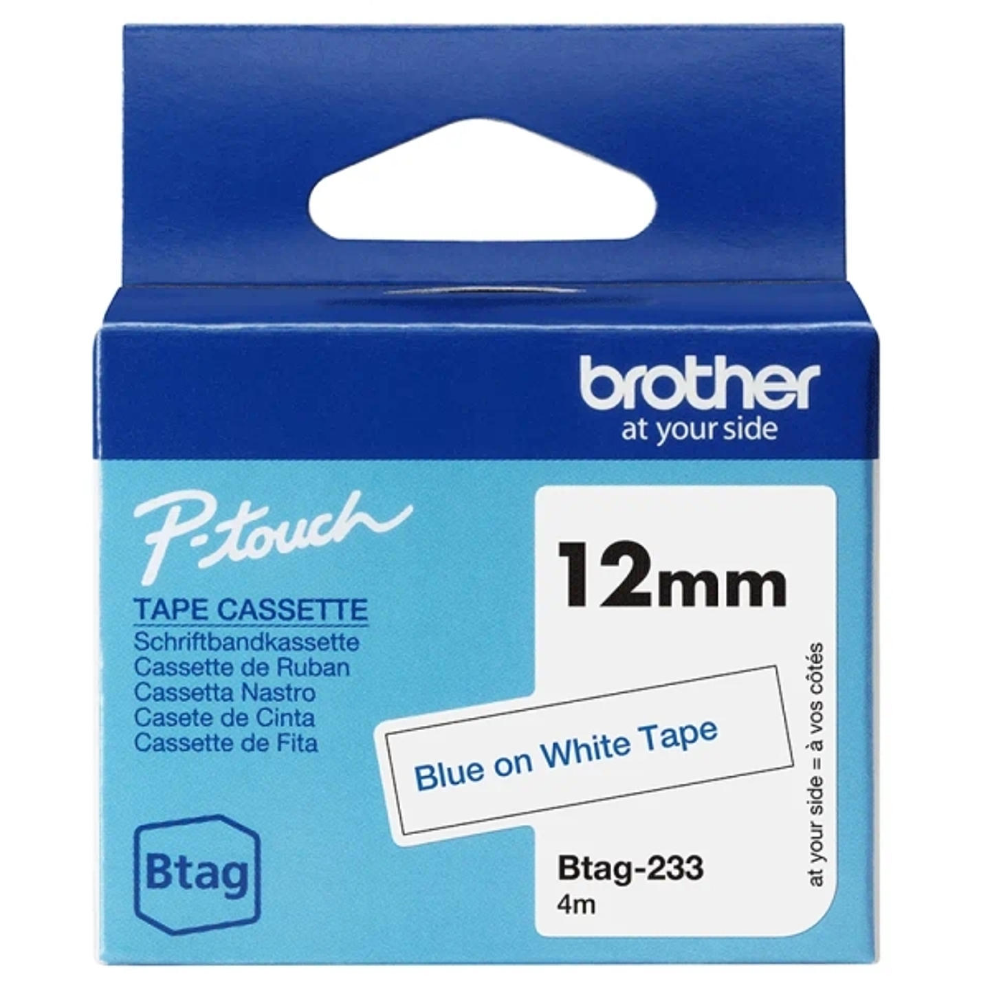 Brother Btag-233 Cinta 12mm - Texto Azul sobre Fondo Blanco - Medidas 12mmx4 Metros - Apta para PTN10, PTN20, PTN25BT 1