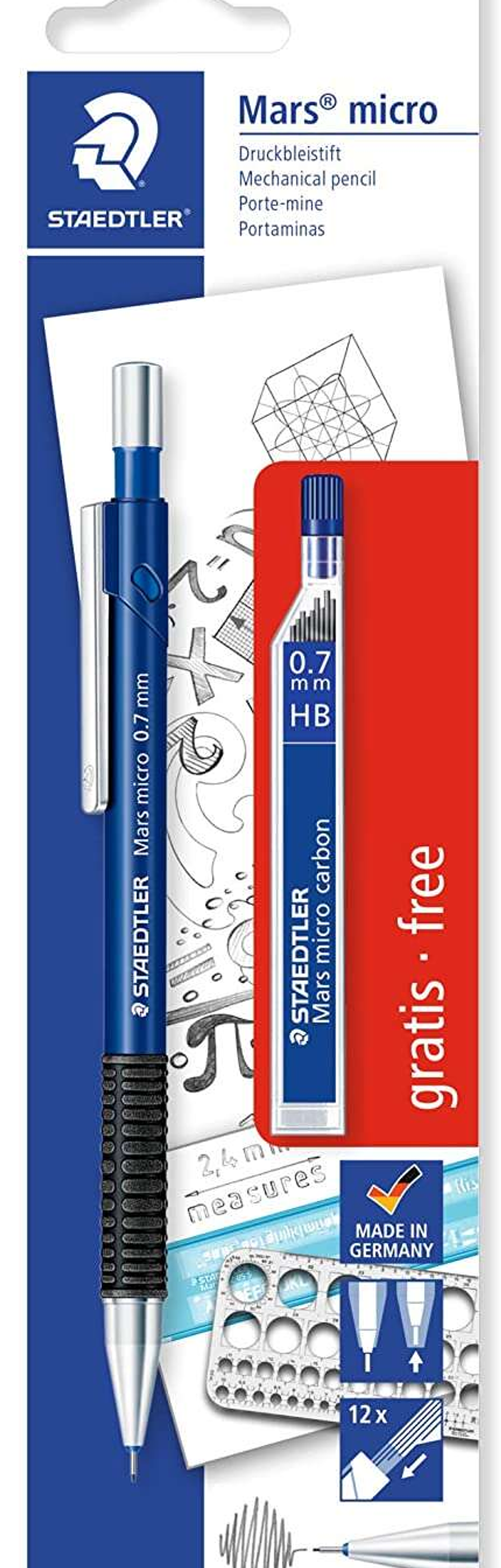 Staedtler Mars Micro Pack de 1 Portaminas 0.7mm + 1 Tubo de 12 Minas - Minas HB - Zona de Agarre de Goma 1