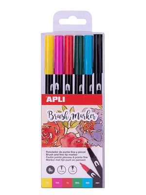 Apli Brush Marker Pack de 6 Rotuladores Acuarelables de Doble Punta - Punta Pincel de 1-4mm y Punta Redonda de 1mm - Tinta Base de Agua Inodora y No T