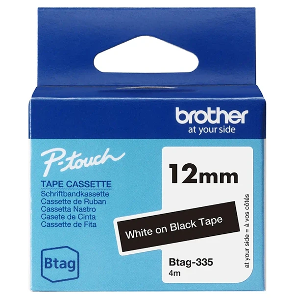 Brother Btag-335 Cinta 12mm - Texto Blanco sobre Fondo Negro - Medidas 12mmx4 Metros - Apta para PTN10, PTN20, PTN25BT