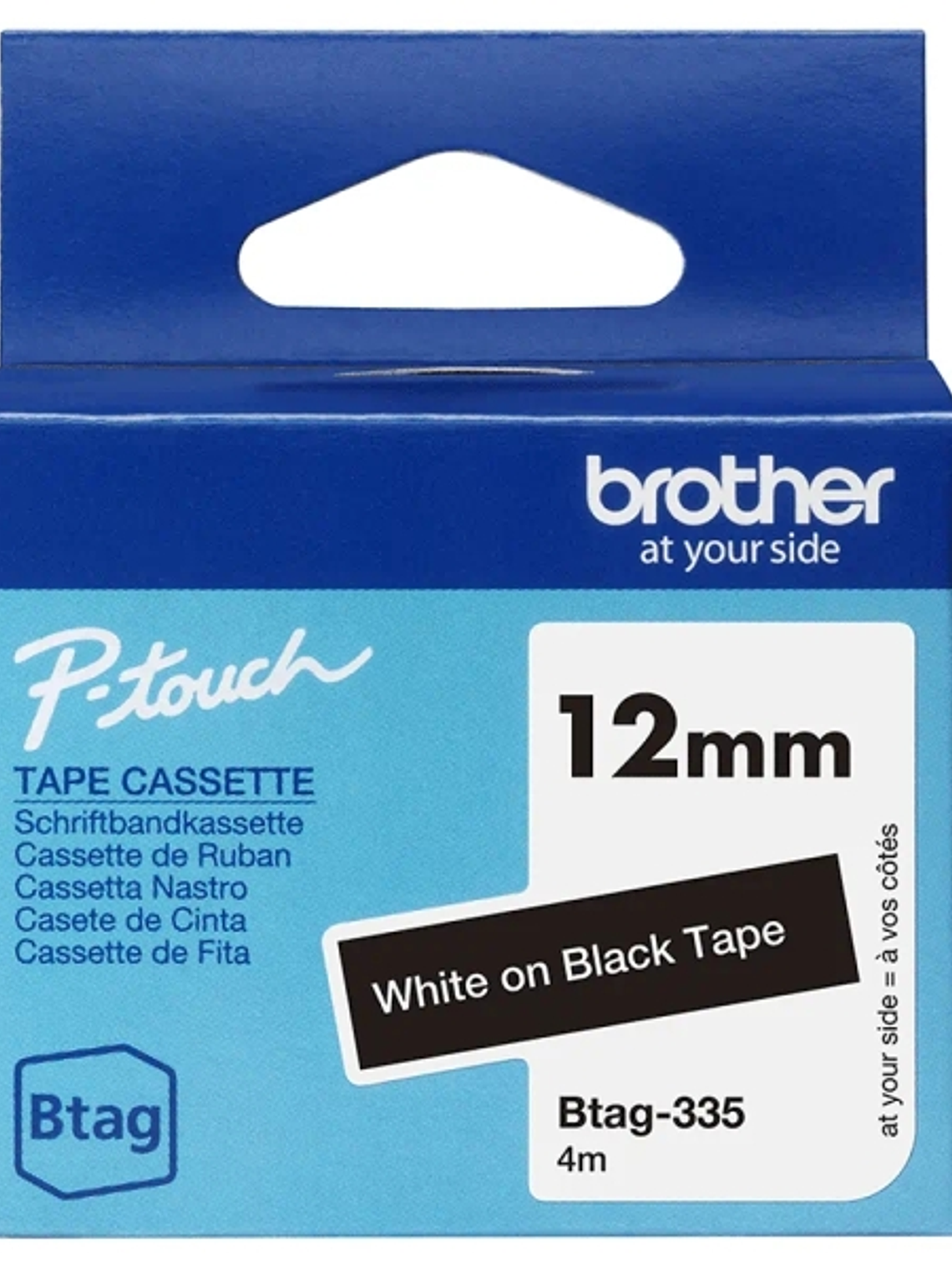Brother Btag-335 Cinta 12mm - Texto Blanco sobre Fondo Negro - Medidas 12mmx4 Metros - Apta para PTN10, PTN20, PTN25BT 1