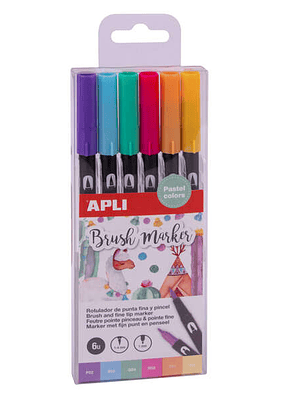 Apli Brush Marker Pack de 6 Rotuladores Acuarelables de Doble Punta - Punta Pincel de 1-4mm y Punta Redonda de 1mm - Tinta Base de Agua Inodora y No T
