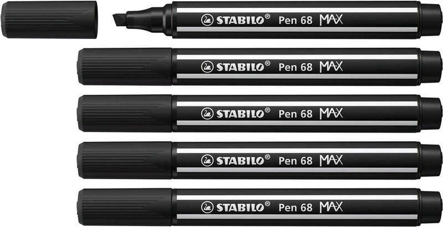 Stabilo Pen 68 MAX Rotulador - Punta de Fibra Biselada - Trazo entre 1-5mm aprox. - Tinta a Base de Agua - Color Negro 1