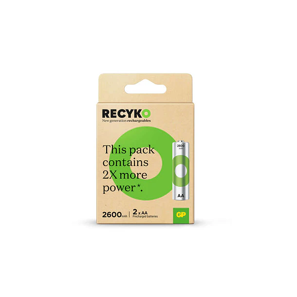 GP ReCyko Pack de 2 Pilas Recargables 2600mAh AA 1.2V - Precargadas - Ciclo de Vida: Hasta 1.000 Veces