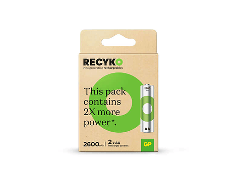 GP ReCyko Pack de 2 Pilas Recargables 2600mAh AA 1.2V - Precargadas - Ciclo de Vida: Hasta 1.000 Veces