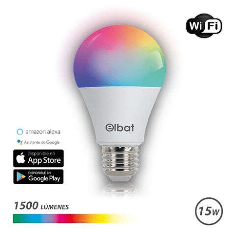 Elbat Bombilla LED Smart Wi-Fi A65 E27 15W 1500lm RGB - Temperatura 2700K a los 6000K - Control de Voz - Control Remoto - 3 Modos de Color: Frio, Natu