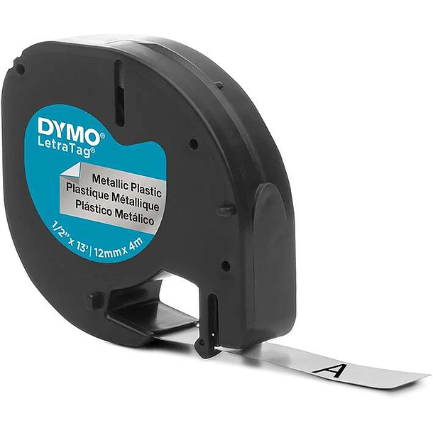 Dymo LetraTag S0721730 Cinta de Etiquetas Original para Rotuladora - Texto negro sobre fondo metalico - Ancho 12mm x 4 metros (91208)