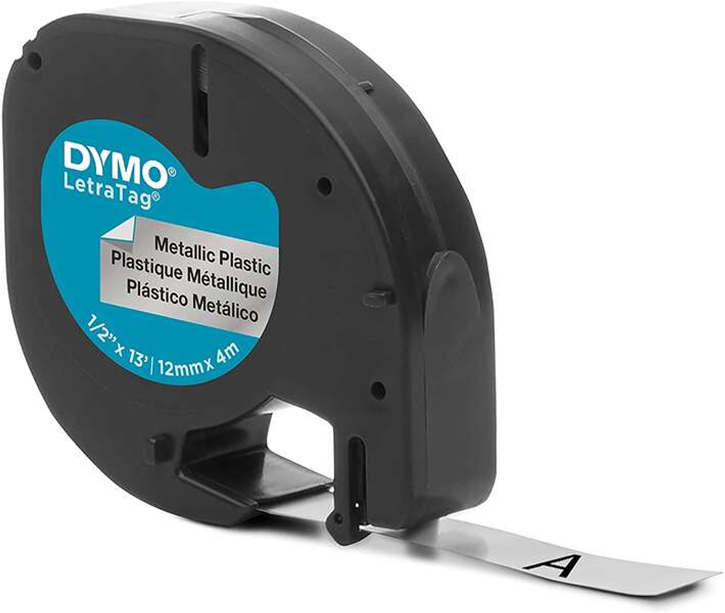 Dymo LetraTag S0721730 Cinta de Etiquetas Original para Rotuladora - Texto negro sobre fondo metalico - Ancho 12mm x 4 metros (91208) 1