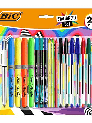 Bic Escritura Multicolor Pack de 20 Piezas Variadas - 6 Bic Cristal Original, 2 Bic Cristal Fun, 2 Bic 4 Colores, 3 Bic Intensity Fine, 4 Bic Highligh