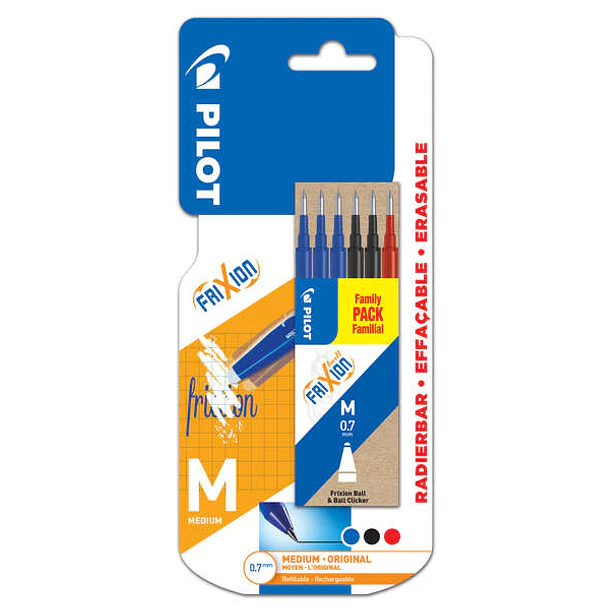 Pilot Pack de 6 Recambios para Frixion Ball y Frixion Clicker - Punta de Bola Redonda 0.7mm - Trazo 0.4mm - Colores: 3x Azul, 2x Negro y 1x Rojo