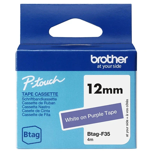 Brother Btag-F35 Cinta 12mm - Texto Blanco sobre Fondo Morado - Medidas 12mmx4 Metros - Apta para PTN10, PTN20, PTN25BT