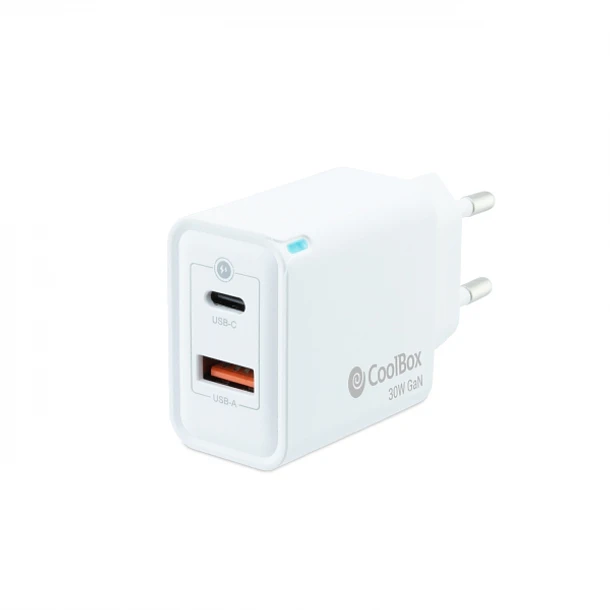 Coolbox Cargador de Pared 30W QC3.0 + PD - USB-A + USB-C - Carga Rapida - Tecnología GaN - Color Blanco