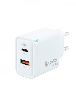 Coolbox Cargador de Pared 30W QC3.0 + PD - USB-A + USB-C - Carga Rapida - Tecnología GaN - Color Blanco