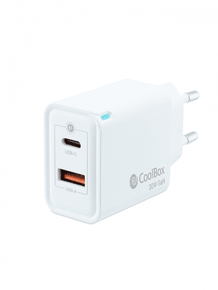 Coolbox Cargador de Pared 30W QC3.0 + PD - USB-A + USB-C - Carga Rapida - Tecnología GaN - Color Blanco