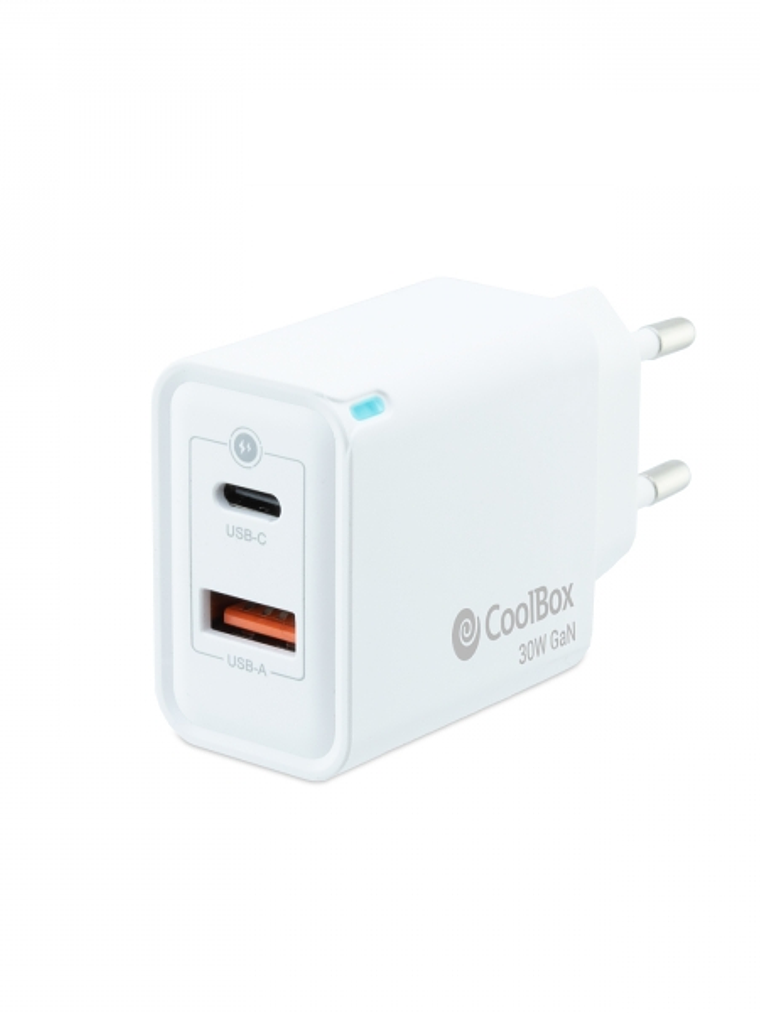 Coolbox Cargador de Pared 30W QC3.0 + PD - USB-A + USB-C - Carga Rapida - Tecnología GaN - Color Blanco 1