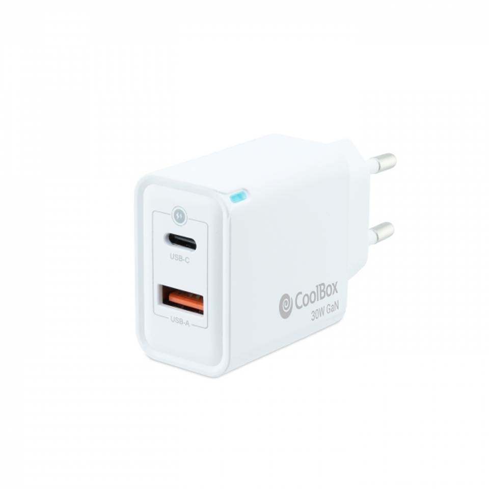 Coolbox Cargador de Pared 30W QC3.0 + PD - USB-A + USB-C - Carga Rapida - Tecnología GaN - Color Blanco 1