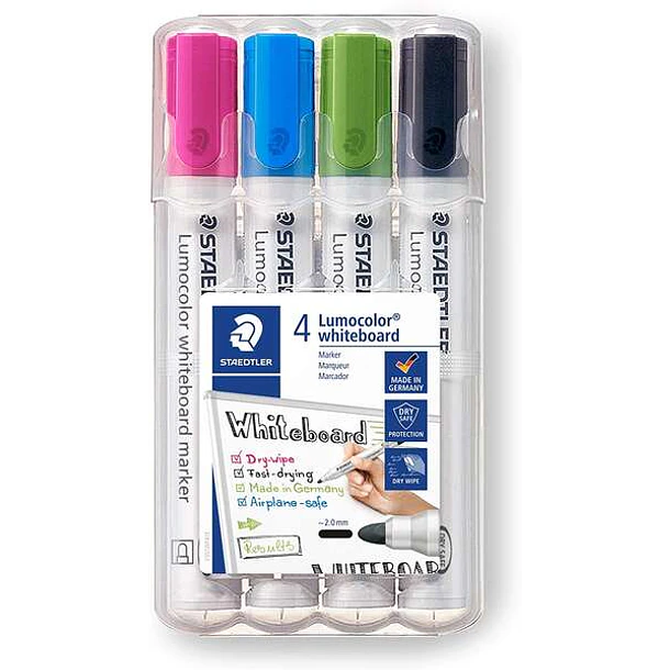 Staedtler Lumocolor 351 Pack de 4 Marcadores para Pizarra Blanca - Secado Rapido - Colores Surtidos