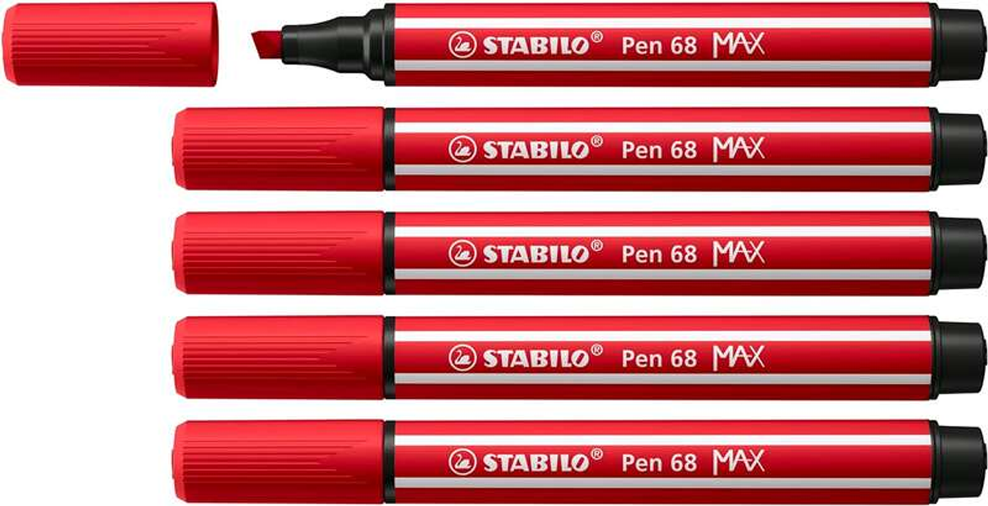 Stabilo Pen 68 MAX Rotulador - Punta de Fibra Biselada - Trazo entre 1-5mm aprox. - Tinta a Base de Agua - Color Rojo Carmin 1