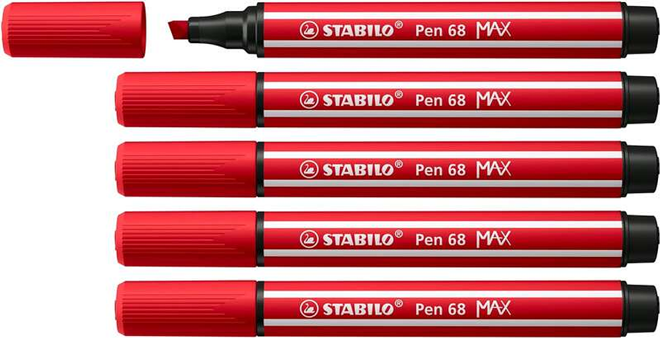 Stabilo Pen 68 MAX Rotulador - Punta de Fibra Biselada - Trazo entre 1-5mm aprox. - Tinta a Base de Agua - Color Rojo Carmin 1