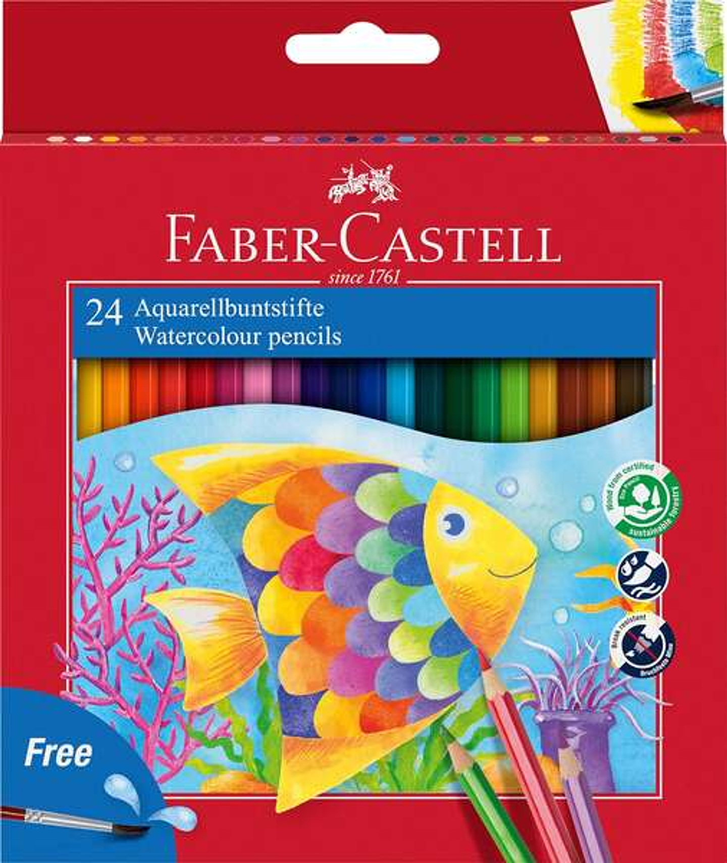 Faber-Castell Classic Colour Acuarelable Pack de 24 Lapices de Colores Hexagonales Acuarelables + Pincel - Resistencia a la Rotura - Colores Surtidos 1