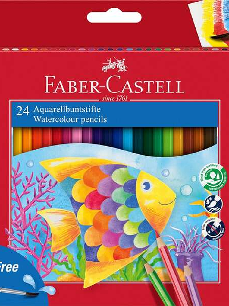 Faber-Castell Classic Colour Acuarelable Pack de 24 Lapices de Colores Hexagonales Acuarelables + Pincel - Resistencia a la Rotura - Colores Surtidos 1