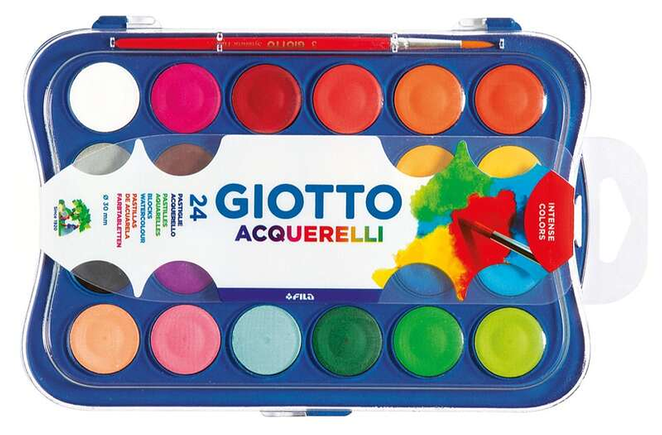 Giotto Estuche de 24 Acuarelas de 30mm + Pincel - Colores Brillantes, Intensos y Vivos - Muy Cubrientes - Colores Surtidos 1