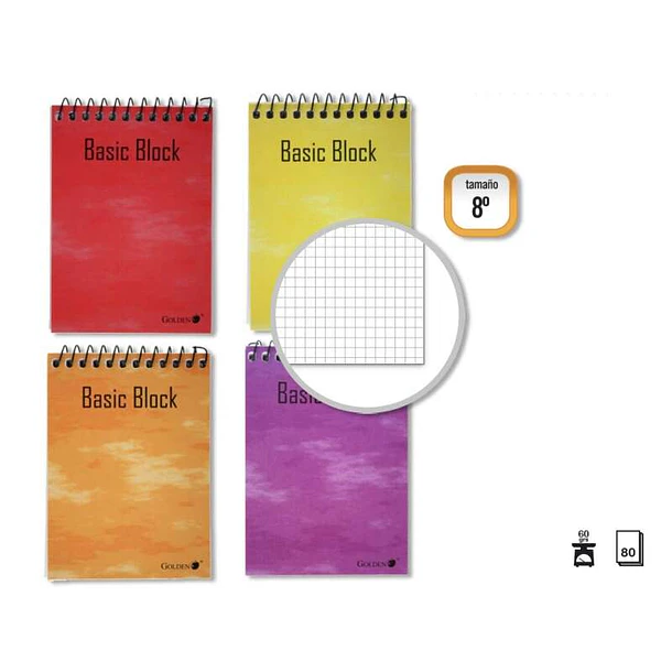 Golden Cuaderno Espiral Superior 8º Apaisado (153x102mm) 80 Hojas 60gr Cuadricula 4x4 - Tapa Plastificada - Margen Remarcado - Colores Surtidos