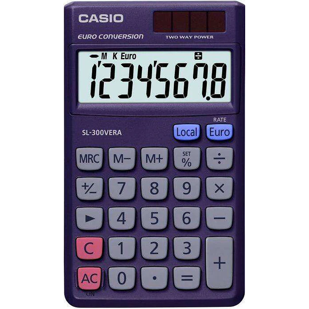 Casio SL-300VERA Calculadora de Bolsillo - Pantalla LC Extragrande de 8 Digitos - Funcion Conversor de Euros - Color Azul Oscuro