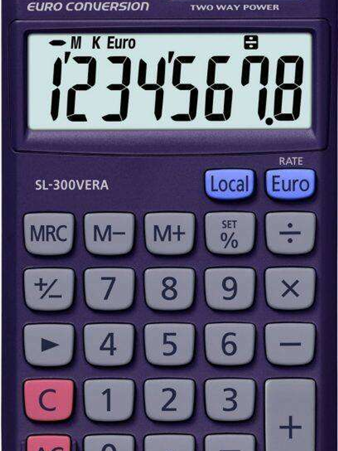 Casio SL-300VERA Calculadora de Bolsillo - Pantalla LC Extragrande de 8 Digitos - Funcion Conversor de Euros - Color Azul Oscuro 1