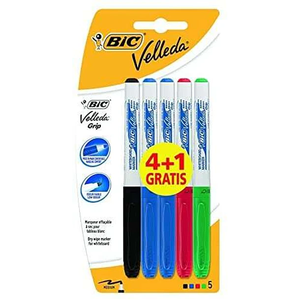 Bic Velleda Grip 4+1 Pack de 5 Rotuladores para Pizarra - Zona con Grip - Punta Media - Trazo de 1.2mm - Borrado Optimo - Colores Surtidos