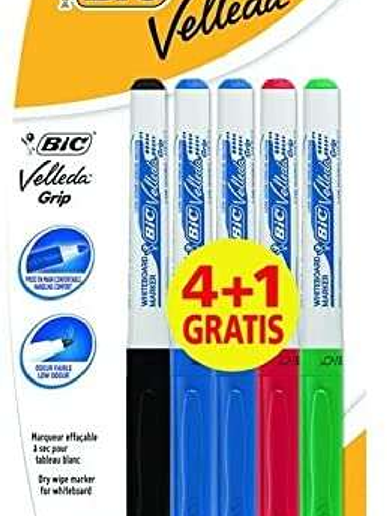Bic Velleda Grip 4+1 Pack de 5 Rotuladores para Pizarra - Zona con Grip - Punta Media - Trazo de 1.2mm - Borrado Optimo - Colores Surtidos 1
