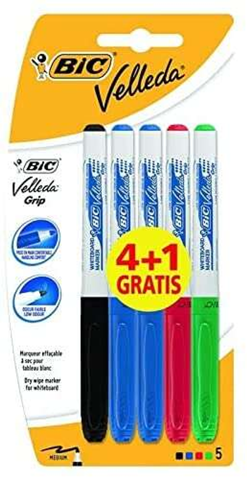 Bic Velleda Grip 4+1 Pack de 5 Rotuladores para Pizarra - Zona con Grip - Punta Media - Trazo de 1.2mm - Borrado Optimo - Colores Surtidos 1