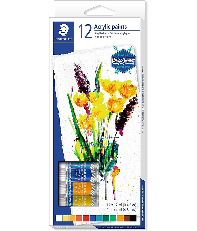 Staedtler 8500 Pack de 12 Tubos de Pintura Acrilica - Facil de Mezclar - Para Amplia Variedad de Superficies - Colores Surtidos