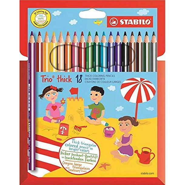 Stabilo Trio Thick Pack de 18 Lapices de Colores - Mina de 4.2mm - Forma Triangular - Colores Surtidos