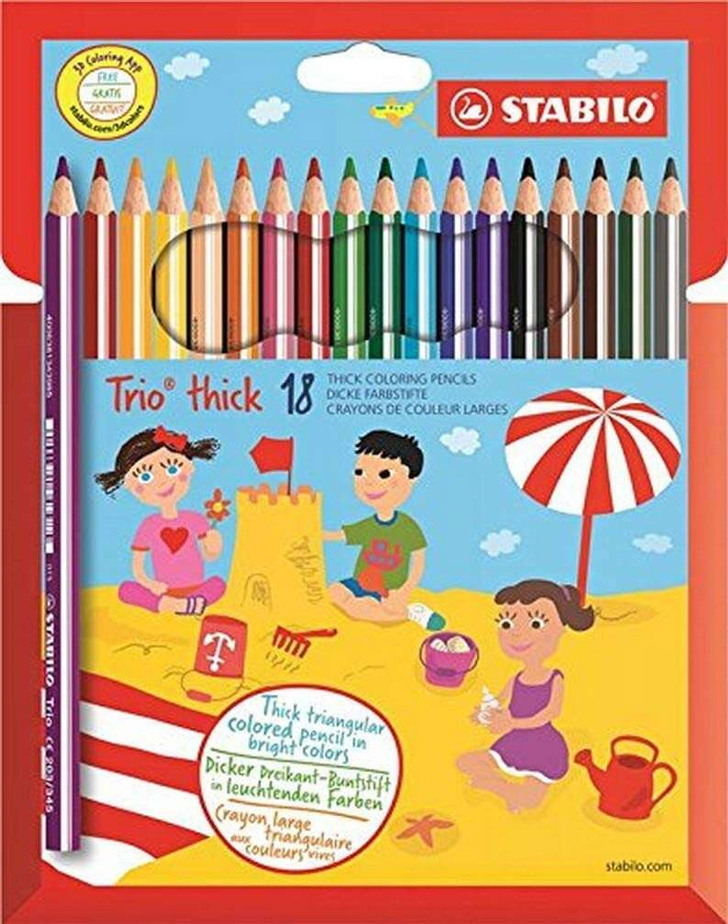 Stabilo Trio Thick Pack de 18 Lapices de Colores - Mina de 4.2mm - Forma Triangular - Colores Surtidos 1