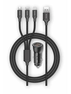 TechOneTech Cargador de Coche 2x USB-A + Cable 3 en 1 MicroUSB, Lightning y USB-C - Color Negro