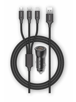 TechOneTech Cargador de Coche 2x USB-A + Cable 3 en 1 MicroUSB, Lightning y USB-C - Color Negro