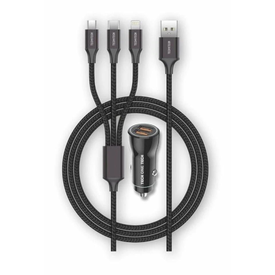 TechOneTech Cargador de Coche 2x USB-A + Cable 3 en 1 MicroUSB, Lightning y USB-C - Color Negro 1