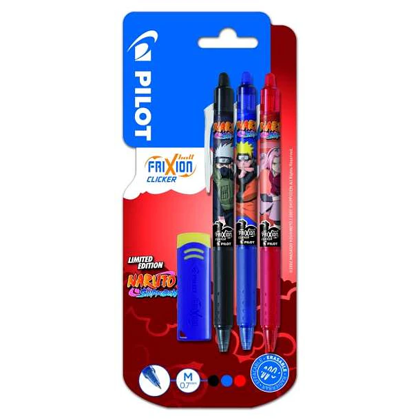 Pilot Frixion Clicker Naruto Shippuden Pack de 3 Boligrafos de Gel Retractil Borrable + Borrador - Punta de Bola 0.7mm - Trazo 0.4mm - Grip de Agarre
