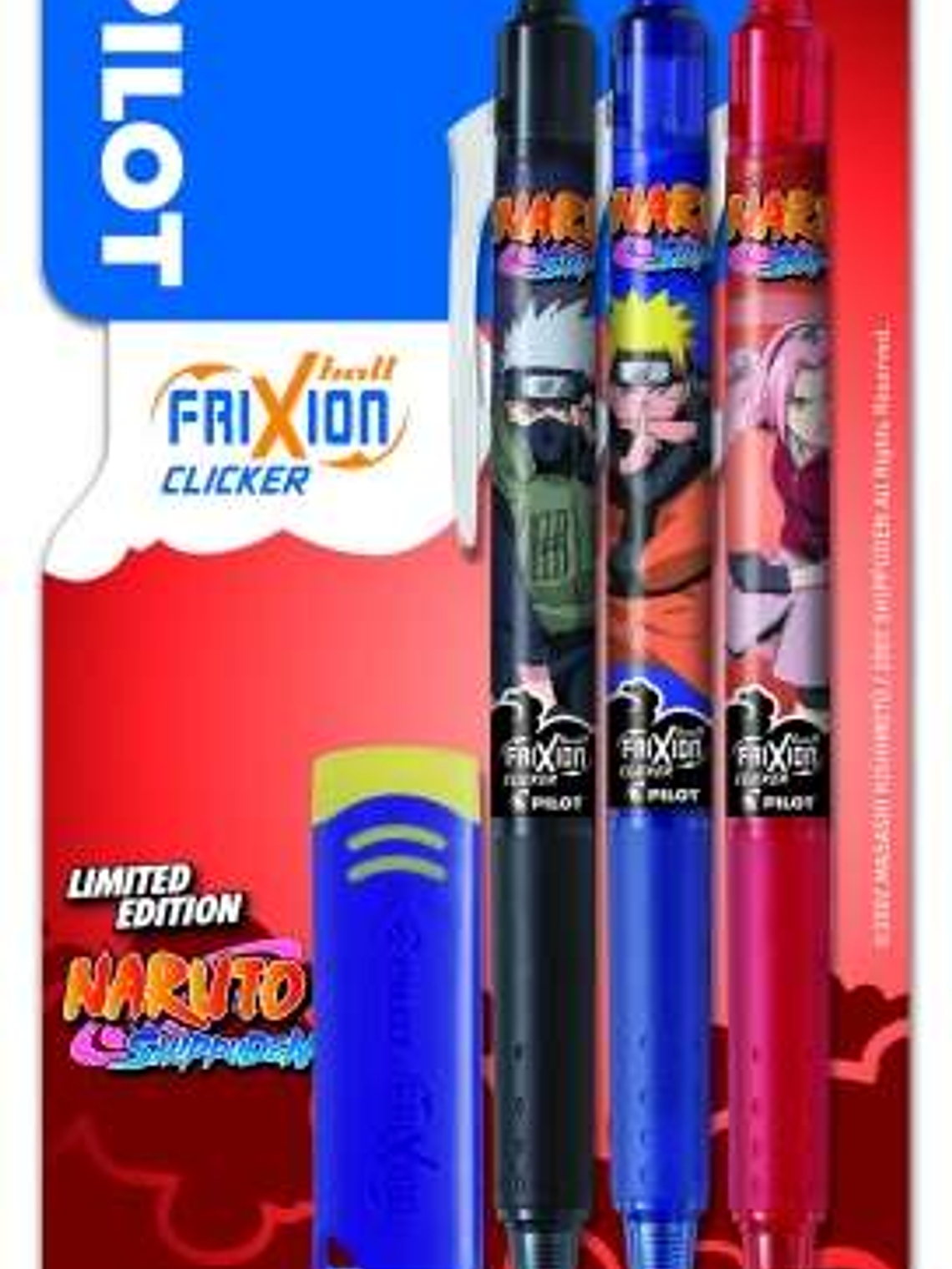 Pilot Frixion Clicker Naruto Shippuden Pack de 3 Boligrafos de Gel Retractil Borrable + Borrador - Punta de Bola 0.7mm - Trazo 0.4mm - Grip de Agarre 1