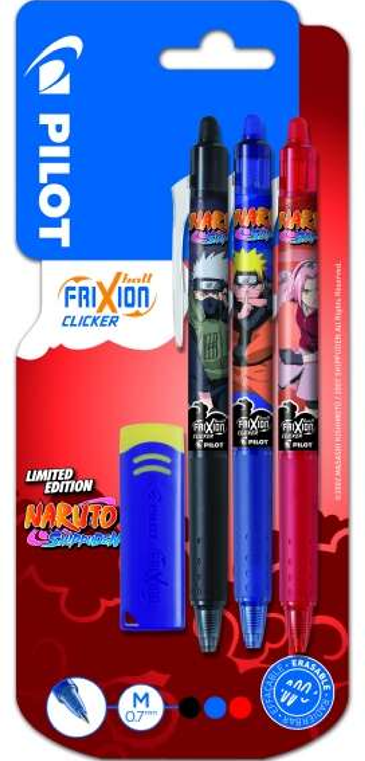 Pilot Frixion Clicker Naruto Shippuden Pack de 3 Boligrafos de Gel Retractil Borrable + Borrador - Punta de Bola 0.7mm - Trazo 0.4mm - Grip de Agarre 1