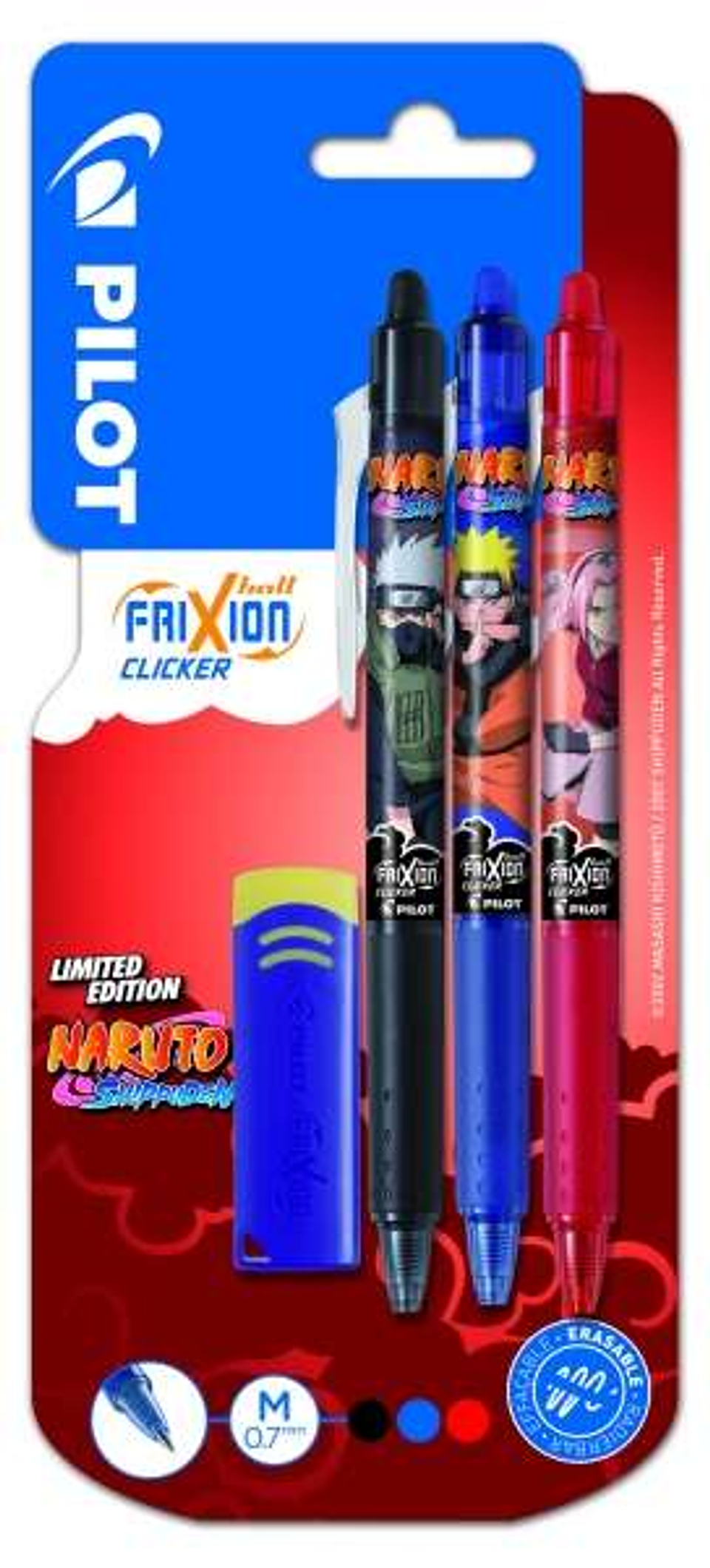 Pilot Frixion Clicker Naruto Shippuden Pack de 3 Boligrafos de Gel Retractil Borrable + Borrador - Punta de Bola 0.7mm - Trazo 0.4mm - Grip de Agarre 1
