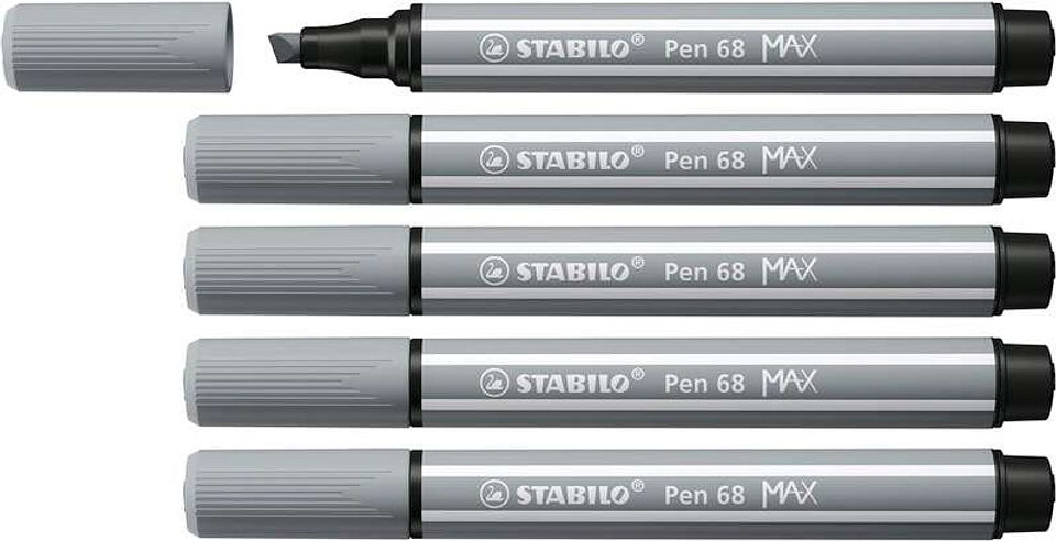 Stabilo Pen 68 MAX Rotulador - Punta de Fibra Biselada - Trazo entre 1-5mm aprox. - Tinta a Base de Agua - Color Gris 1