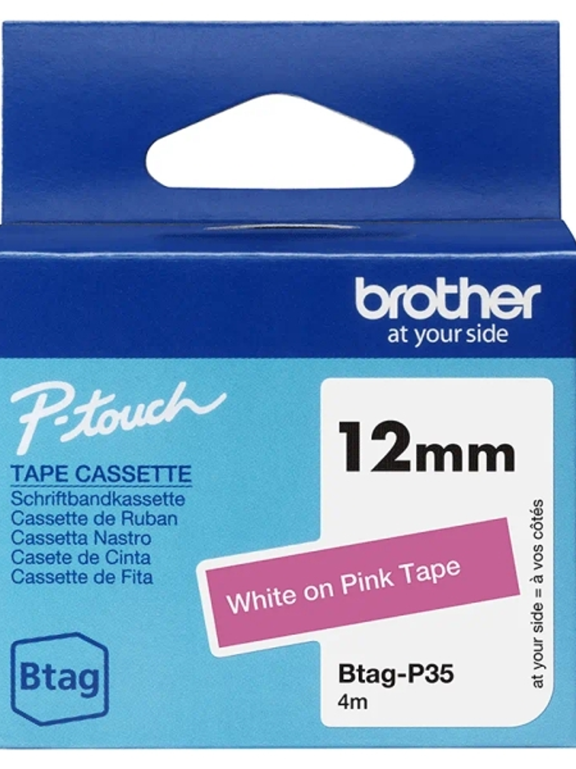 Brother Btag-P35 Cinta 12mm - Texto Blanco sobre Fondo Rosa - Medidas 12mmx4 Metros - Apta para PTN10, PTN20, PTN25BT 1