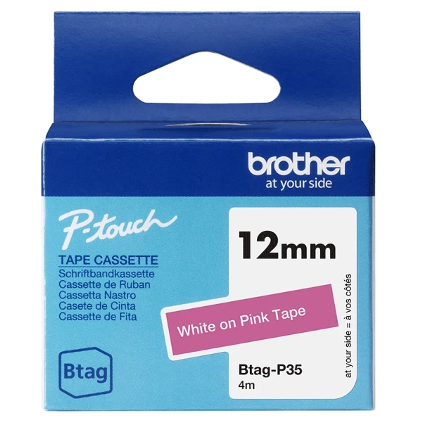 Brother Btag-P35 Cinta 12mm - Texto Blanco sobre Fondo Rosa - Medidas 12mmx4 Metros - Apta para PTN10, PTN20, PTN25BT 1