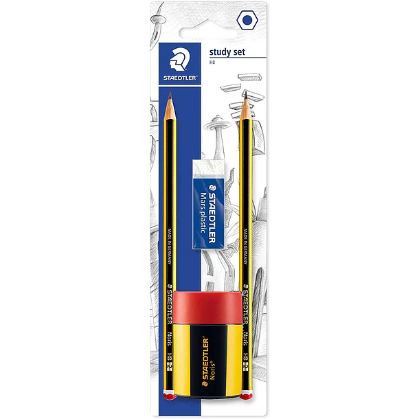 Staedtler 120 Pack de 2 Lapices de Grafito 2HB Hexagonales + 1 Sacapuntas con Deposito + 1 Goma de Borrar Mars Plastic - Madera de Bosques Sostenibles